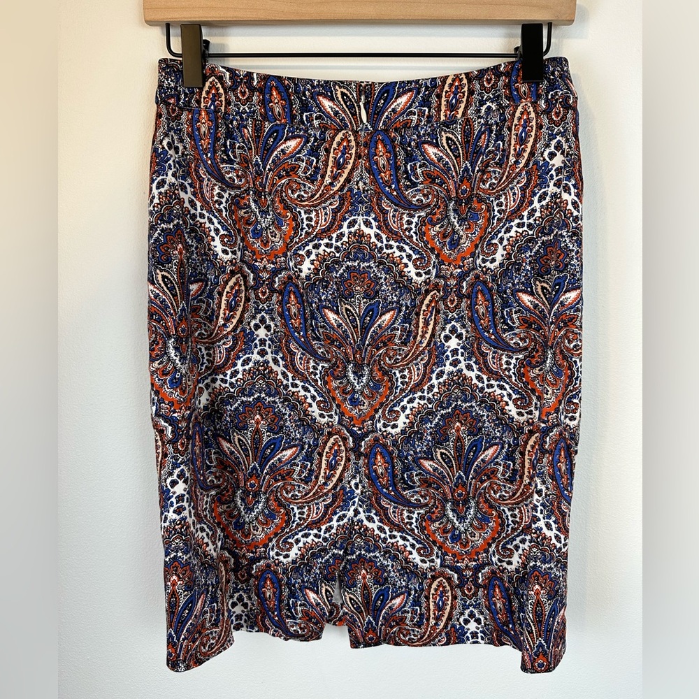 J. CREW Orange, Blue, White & Black Paisley Pencil Skirt | Size 0 - Picture 4 of 9